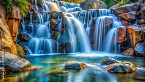 Serene waterfall cascading through rocks in soft liquid hues, waterfall, serene, cascading, rocks, soft, liquid, hues