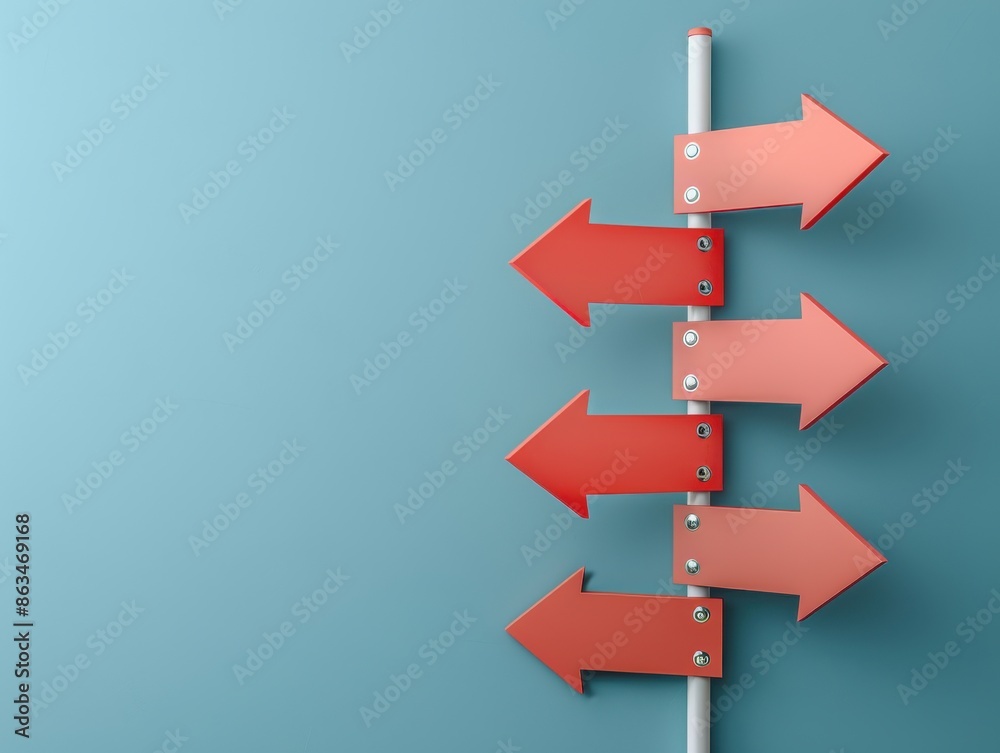 Red arrow signs pointing in different directions on a turquoise background, suggesting choices and decisions. Red arrow signs pointing in different directions on a turquoise background, suggesting choices and decisions.