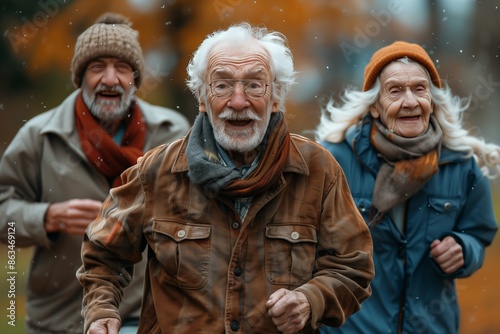 Three Seniors Jogging Through Fall Foliage in the City