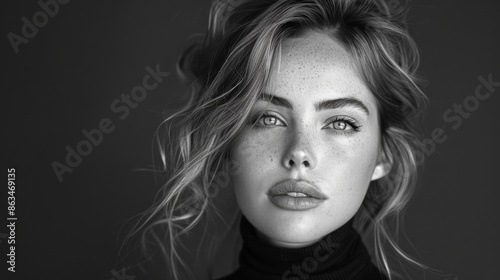 Black and white fashion art studio portrait of beautiful elegant woman in black turtleneck. Hair is collected in high beam. Elegant ballet style