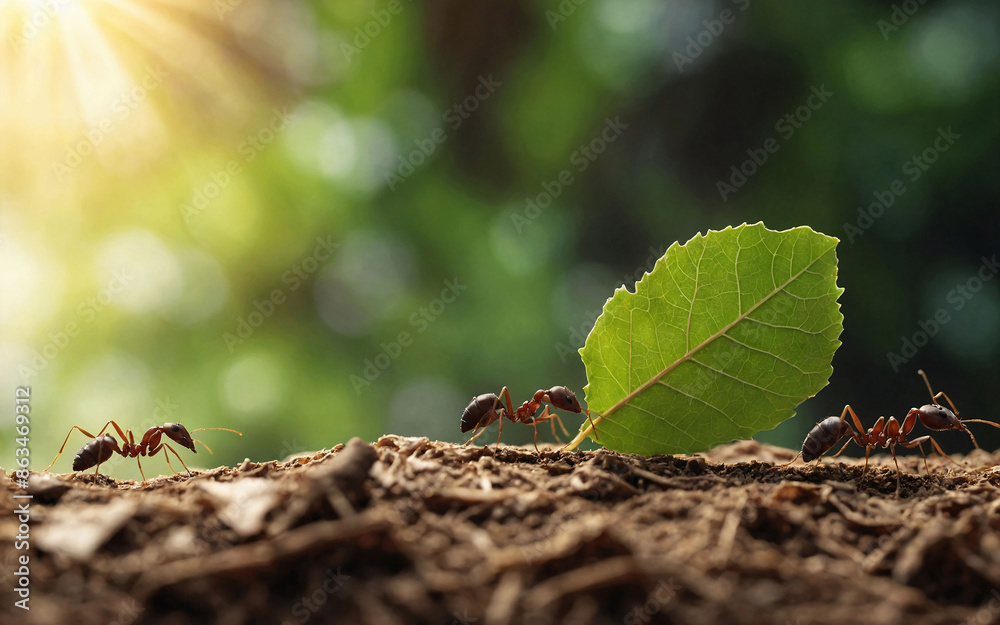 Ants carry the leaves back to build their nests, carrying leaves, close-up. sunlight background. Concept team work together. Ants carry the leaves back to build their nests, carrying leaves, close-up. sunlight background. Concept team work together.