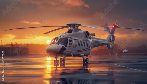 Red Helicopter Parked on a Wet Runway at Sunset