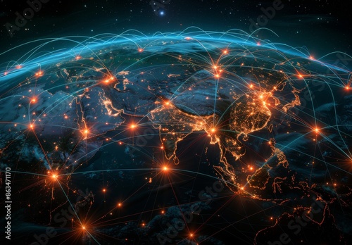 Nighttime View of Asia With City Lights and Interconnecting Lines