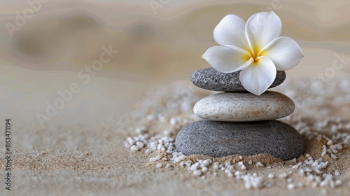 Harmony and Balance Symbolized by Gray and White Zen Pebbles With a Plumeria Flower on Beige Background
