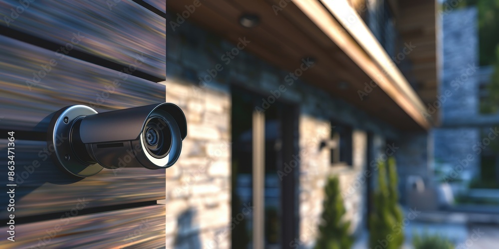 Security Camera Mounted on Wooden Siding of Modern Home Security Camera Mounted on Wooden Siding of Modern Home