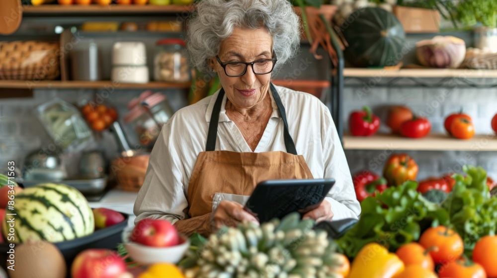 Elderly nutritionist consulting a tablet, encircled by a vibrant selection of fruits and vegetables in a workshop setting Elderly nutritionist consulting a tablet, encircled by a vibrant selection of fruits and vegetables in a workshop setting