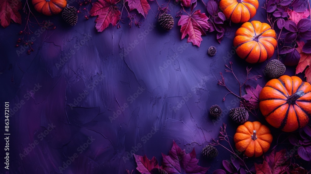 Autumnal Pumpkins and Purple Leaves on a Dark Background Autumnal Pumpkins and Purple Leaves on a Dark Background