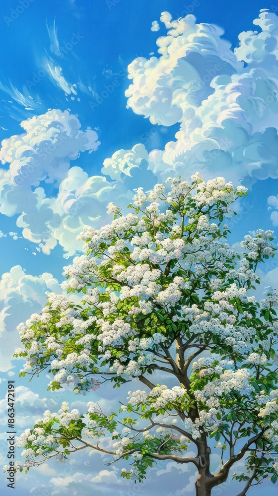 A tranquil tree blooming with white flowers under a serene sky with fluffy blue clouds A tranquil tree blooming with white flowers under a serene sky with fluffy blue clouds
