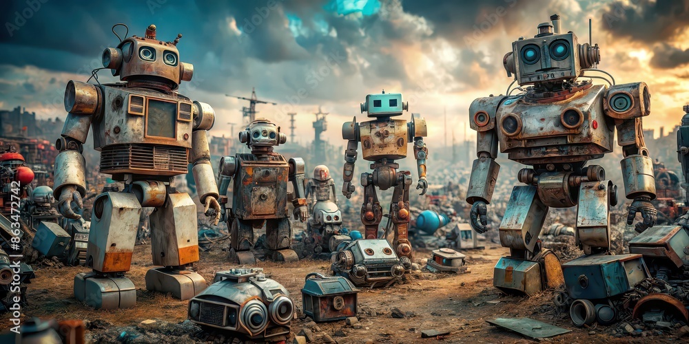 Abandoned robots in a junkyard, showcasing the legacy of rapid technological obsolescence, abandoned, robots, junkyard Abandoned robots in a junkyard, showcasing the legacy of rapid technological obsolescence, abandoned, robots, junkyard
