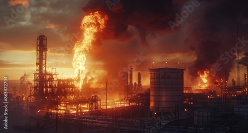 Industrial Complex Fire at Sunset With Dense Smoke Plumes