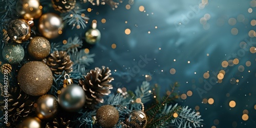 Golden Christmas Ornaments and Pine Cones on Blue Background