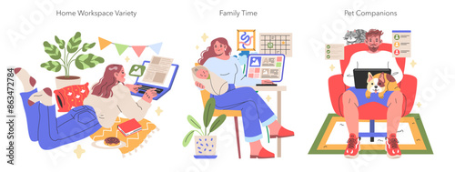 Working from Home illustration Serene and dynamic home office setups blending work tasks with family moments and pet companionship Vector illustration