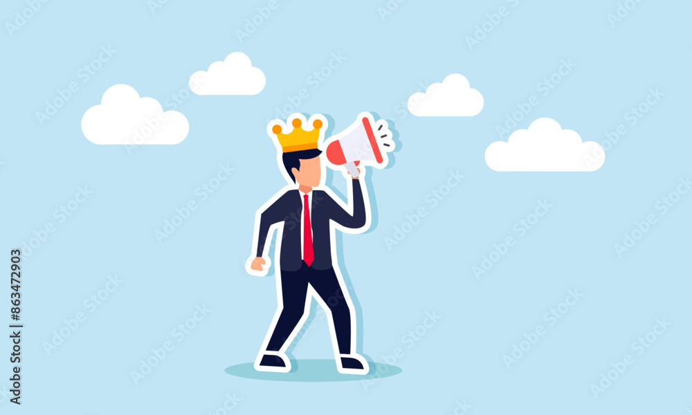 Big boss CEO, chief executive officer, employer, leader, or manager with authoritative management, concept of A furious businessman boss shouts through a megaphone while directing Big boss CEO, chief executive officer, employer, leader, or manager with authoritative management, concept of A furious businessman boss shouts through a megaphone while directing