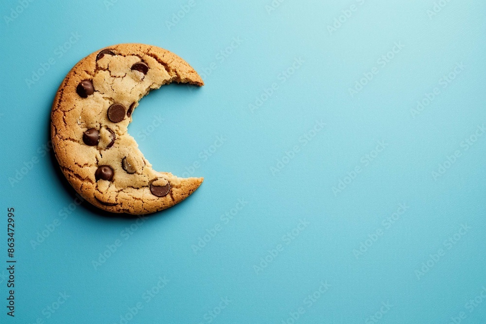 Obraz premium Half eaten Chocolate chip cookie on colored background