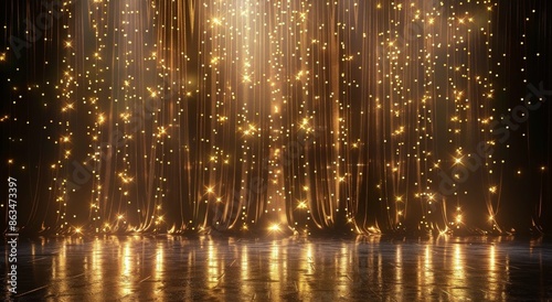 Golden Lights Curtain Stage Background With Sparkling Floor
