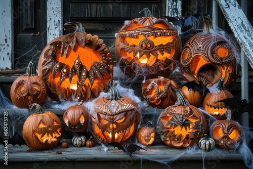 A group of intricately carved jack - o' - lanterns, each with unique and detailed designs, arranged on the steps of an old, wooden porch with cobwebs and bats photo