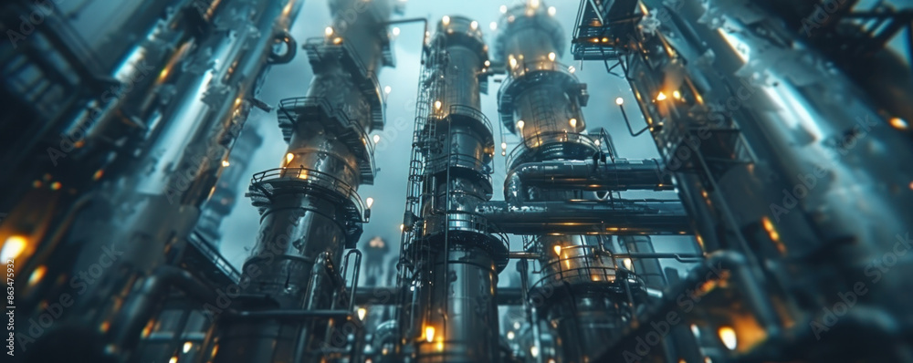 A large industrial plant with many pipes and a lot of lights. Scene is industrial and somewhat ominous A large industrial plant with many pipes and a lot of lights. Scene is industrial and somewhat ominous