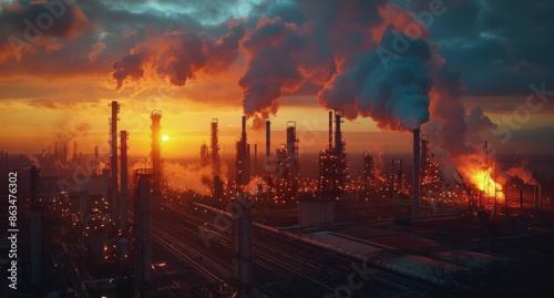 Industrial Sunset Over River With Smoke Plumes