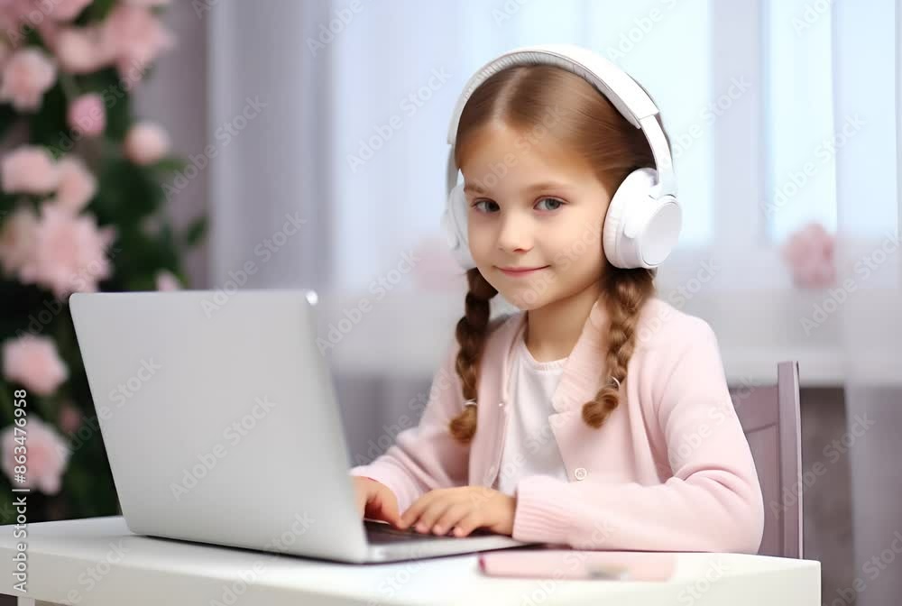 A young girl with headphones studies online using a laptop at home