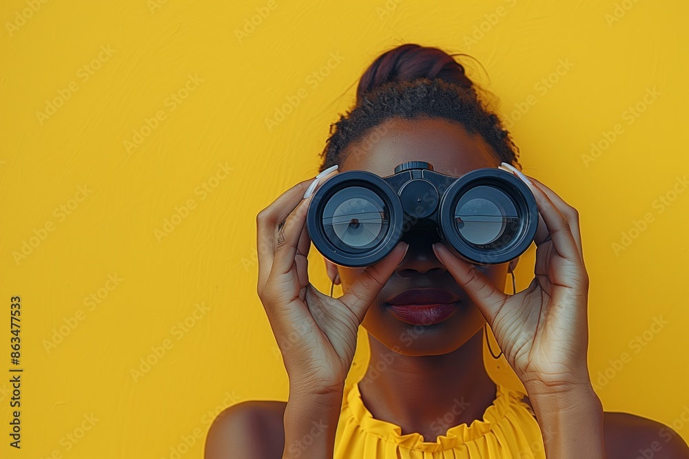 Exploration and Discovery: Female Hand with Binoculars on Yellow Background Exploration and Discovery: Female Hand with Binoculars on Yellow Background