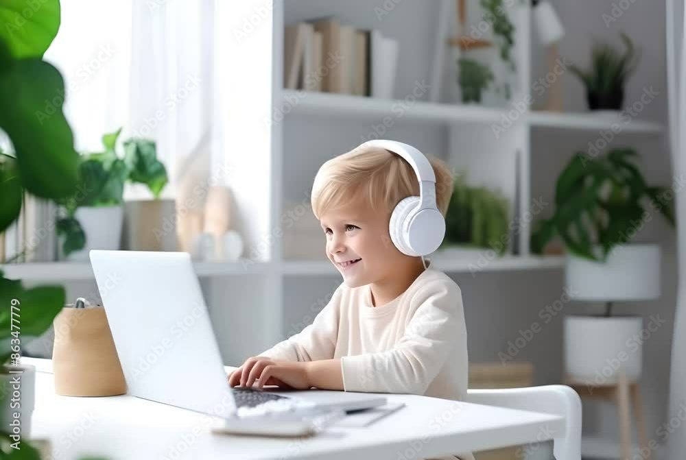 young child with headphones enjoys learning on a laptop in a bright, cozy room young child with headphones enjoys learning on a laptop in a bright, cozy room