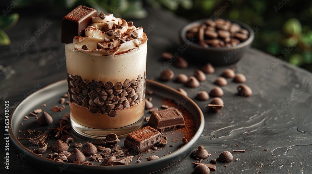 Minimalist chocolate macchiato artfully decorated with a chocolate bar, perfect for advertising a gourmet experience. Minimalist chocolate macchiato artfully decorated with a chocolate bar, perfect for advertising a gourmet experience.