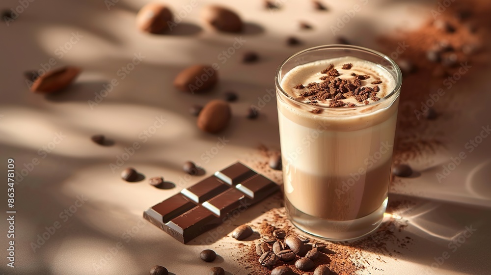 Minimalist chocolate macchiato artfully decorated with a chocolate bar, perfect for advertising a gourmet experience. Minimalist chocolate macchiato artfully decorated with a chocolate bar, perfect for advertising a gourmet experience.