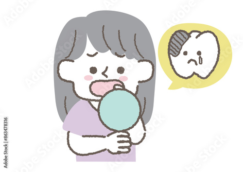 虫歯になってしまったことを鏡で確認する女性のイラスト