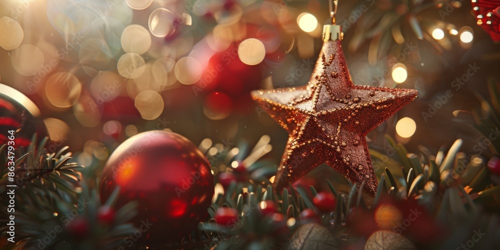 Festive Glow: Close-Up of Christmas Star Decoration on a Tree Festive Glow: Close-Up of Christmas Star Decoration on a Tree