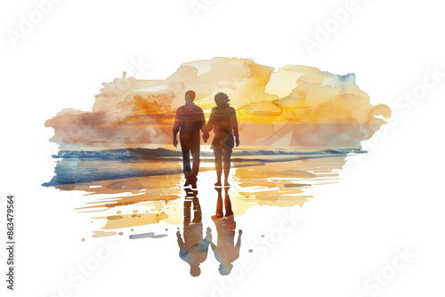 A couple holding hands walking on a beach at sunset, reflected in the wet sand. Watercolor painting style, serene and romantic atmosphere.