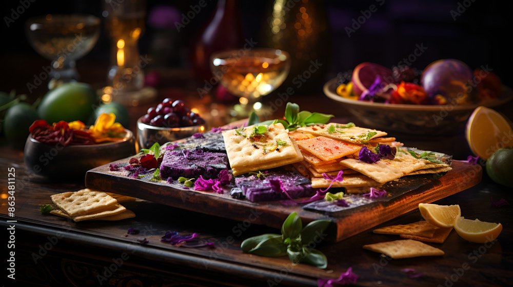 A wooden tray with an assortment of crackers, cheese, and other delectable food items. A wooden tray with an assortment of crackers, cheese, and other delectable food items.