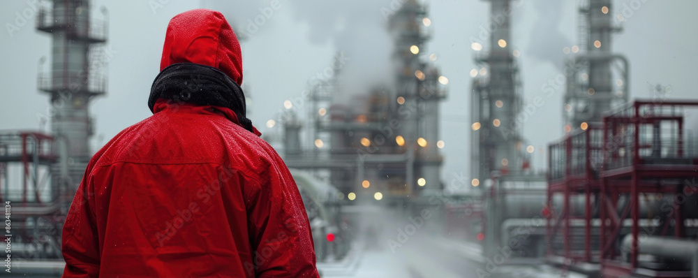Obraz premium A man in a red jacket stands in front of a large industrial plant. The plant is emitting smoke and the man is wearing a red coat and a black scarf. Concept of industrial activity