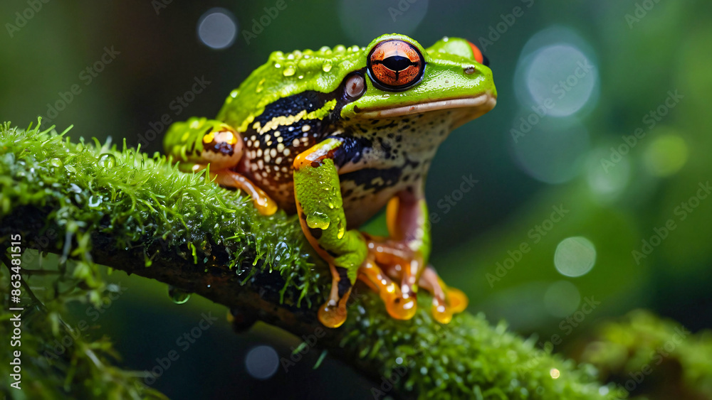 green and yellow frogs that have striking red eyes. The frog sat on a tree branch covered with moss. There are water droplets on the frog's skin and tree branches green and yellow frogs that have striking red eyes. The frog sat on a tree branch covered with moss. There are water droplets on the frog's skin and tree branches