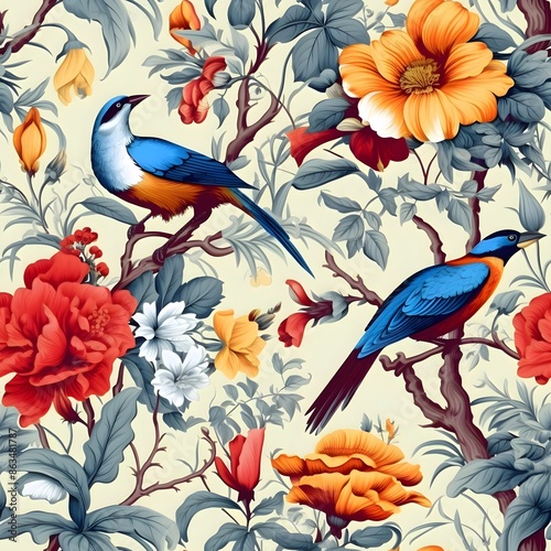 floral and rose pattern with colorful birds for the walls in calm colors and vintage style © haitham