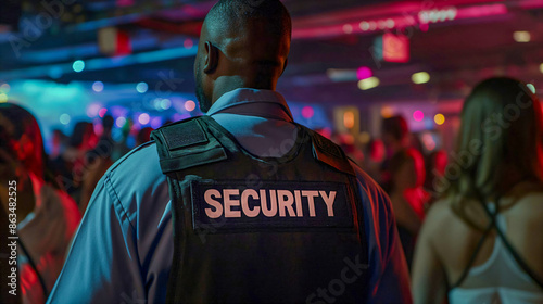 Professional Event Security Guard Monitoring Crowded Nightclub Venue for Public Safety and Protection