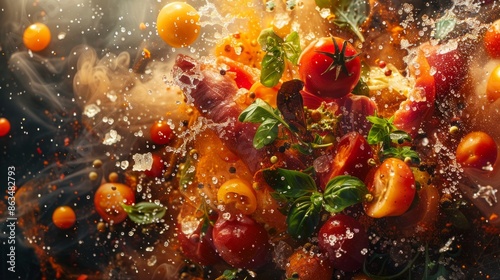 Vibrant Explosion of Fresh Vegetables in Mid-Air, Capturing the Essence of Flavor and Freshness. photo