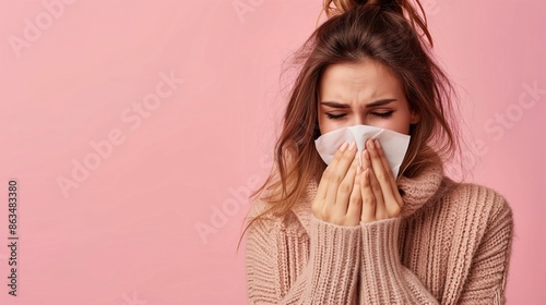 A woman sneezing into a tissue against a pink background, wearing a cozy sweater. Suitable for healthcare, cold and flu season promotions, and winter health awareness campaigns.