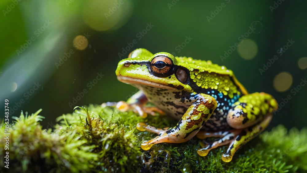 The frog is green with black spots and yellow accents on its legs. This frog sits on a moss surface with protruding, glittering eyes. Water droplets are visible on the frog's skin. The frog is green with black spots and yellow accents on its legs. This frog sits on a moss surface with protruding, glittering eyes. Water droplets are visible on the frog's skin.