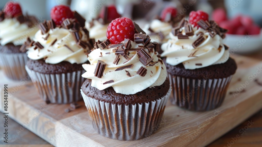 Homemade chocolate cupcakes topped with whipped cream and chocolate and raspberry decorations Homemade chocolate cupcakes topped with whipped cream and chocolate and raspberry decorations