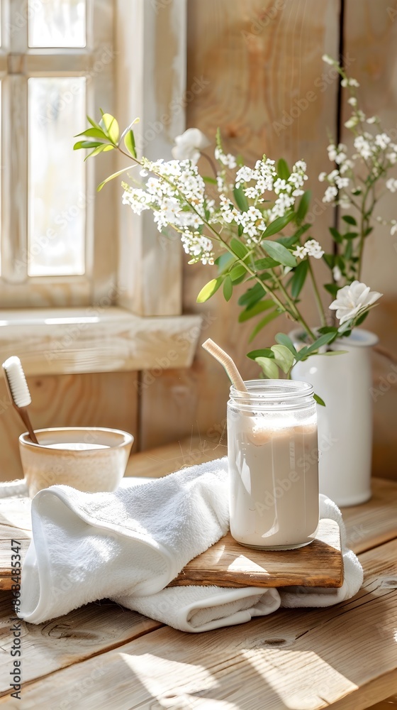 Homemade Milkshake and Cozy Bathrobe on Rustic Wooden Table Homemade Milkshake and Cozy Bathrobe on Rustic Wooden Table