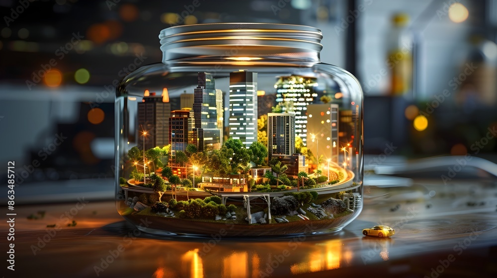 A Miniature City Encased within a Salsa Jar:A Surreal Conceptual Landscape