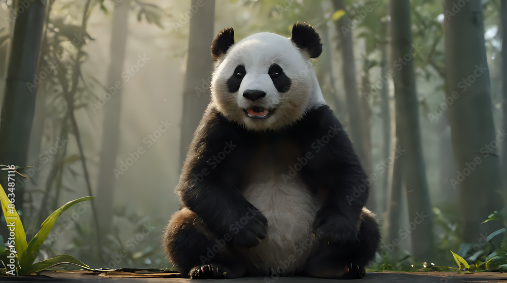 Obraz premium panda sitting on a log in a forest with trees and fog