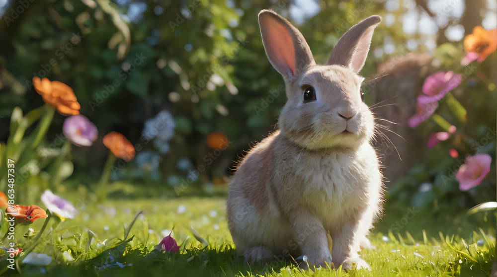 Fototapeta premium a rabbit sitting in the grass with flowers in the background