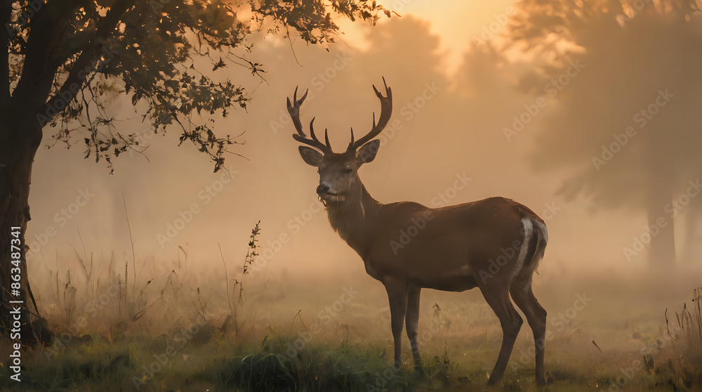 a deer standing in the foggy field by a tree a deer standing in the foggy field by a tree