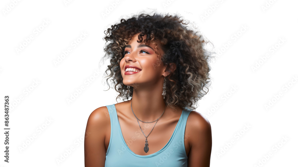 Portrait of happy African American woman smiling and looking up with afro hair, isolated on transparent background Portrait of happy African American woman smiling and looking up with afro hair, isolated on transparent background