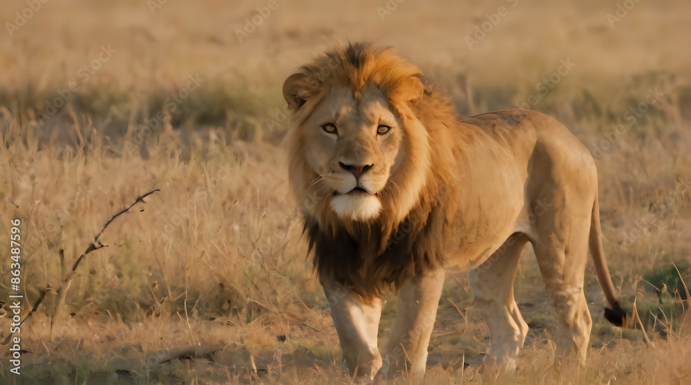 a lion walking through a field of dry grass a lion walking through a field of dry grass