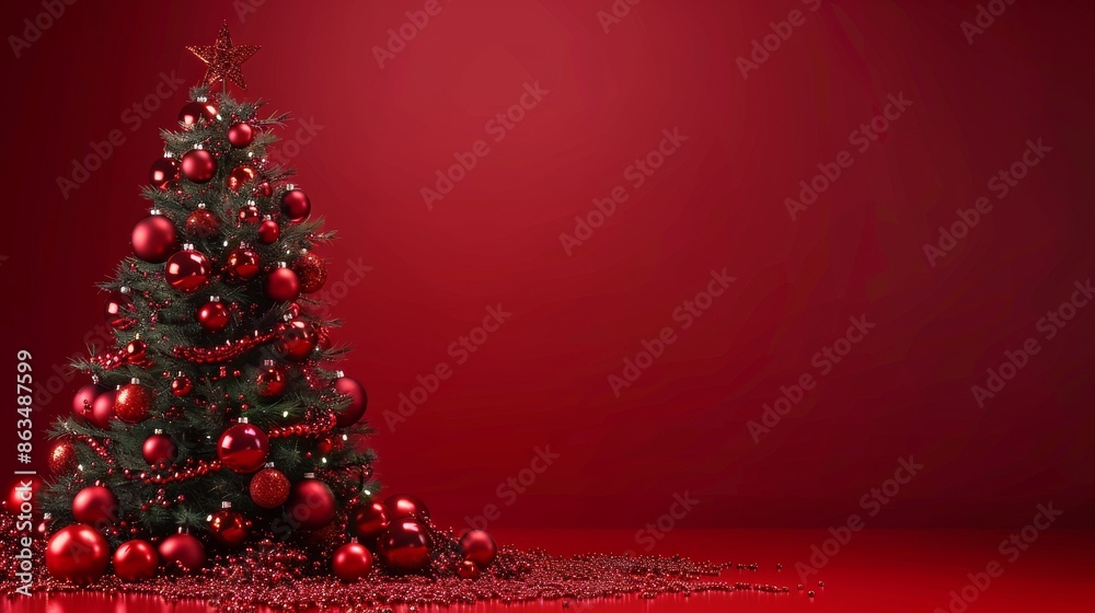 Festive Elegance: Christmas Background with Neon Light Tree and Elegant Ornaments on Red Festive Elegance: Christmas Background with Neon Light Tree and Elegant Ornaments on Red
