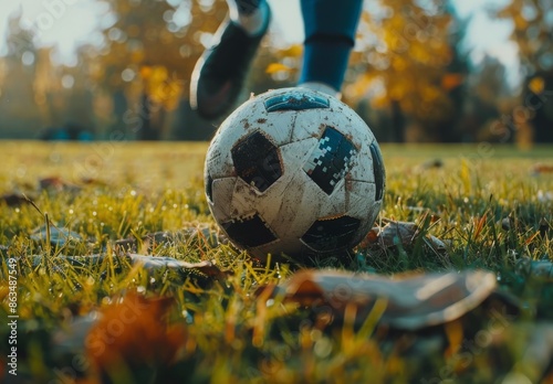 A Soccer Player Kicking a Mud-Stained Ball on a Sunny Day