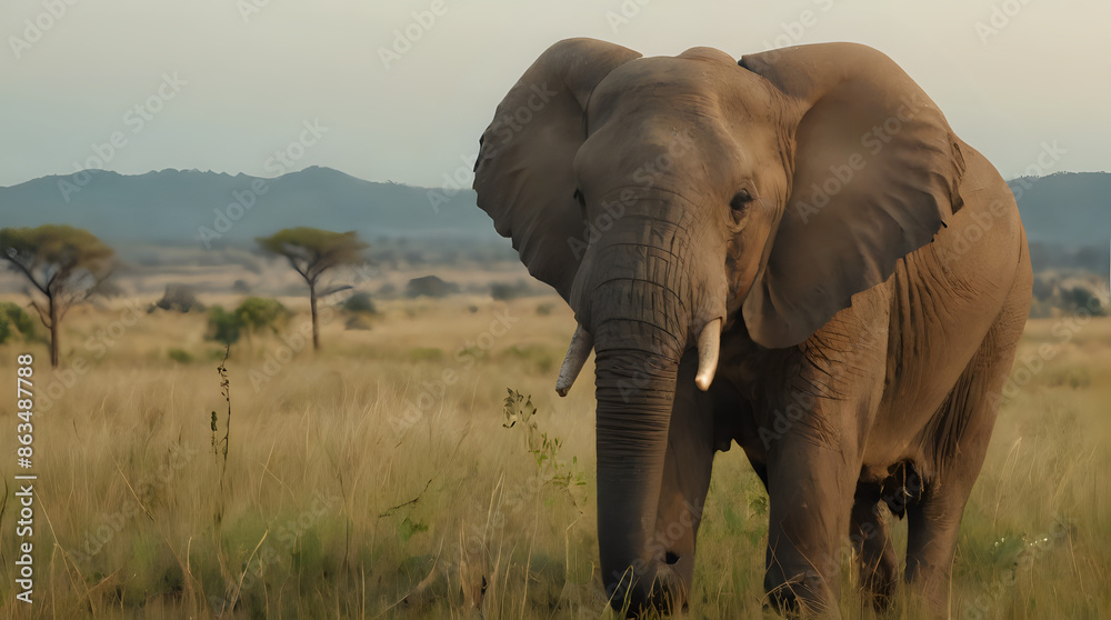 Fototapeta premium a large elephant standing in a field of tall grass