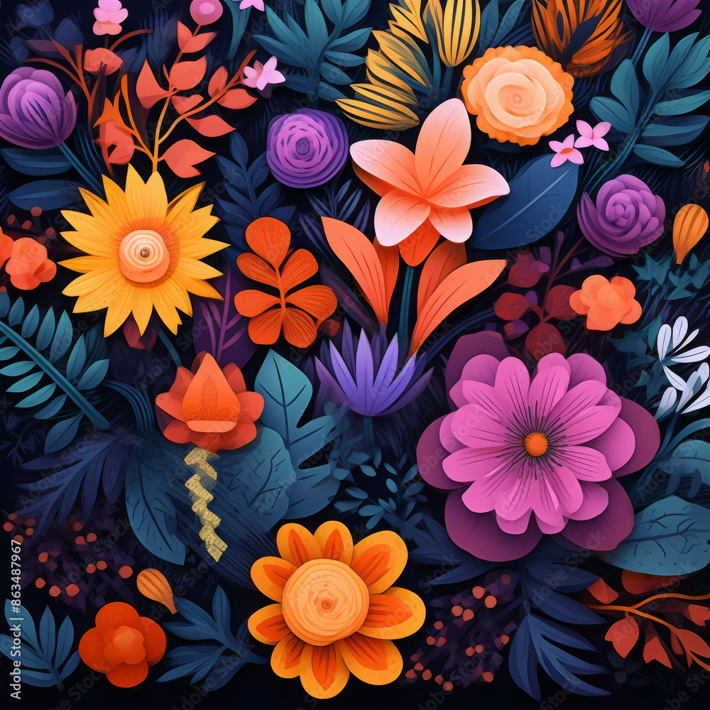 Colorful Array of Paper Flowers in Bloom with Various Shades and Textures Creating a Lively and Artistic Display Colorful Array of Paper Flowers in Bloom with Various Shades and Textures Creating a Lively and Artistic Display